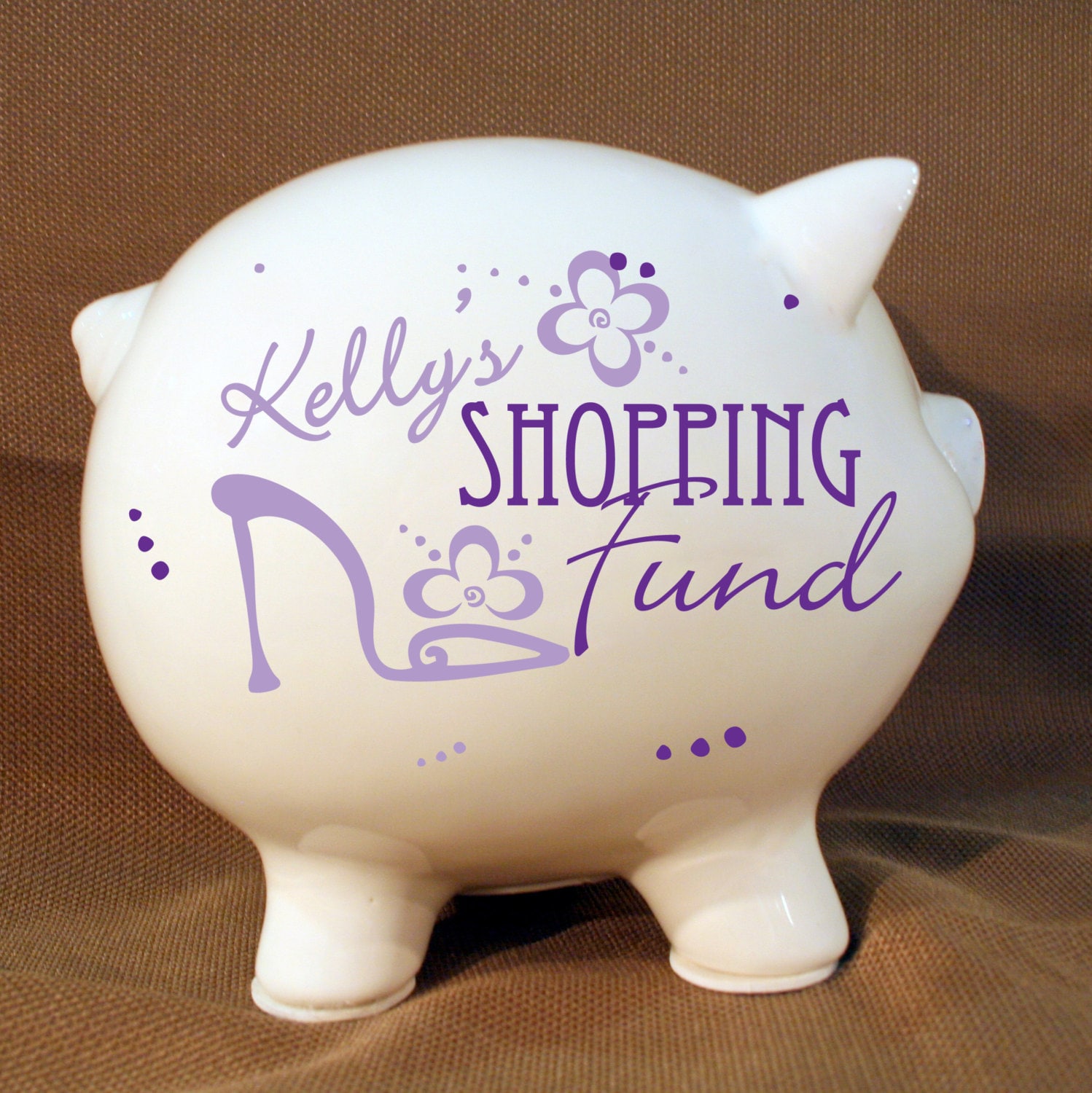 5.5 Custom Shopping Fund Piggy Bank with Vinyl Decal