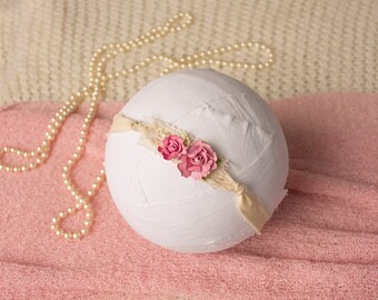 Pink Newborn Tieback, Newborn Headband, Photography Prop, Pearl Tieback, Baby Headband, Vintage Tieback