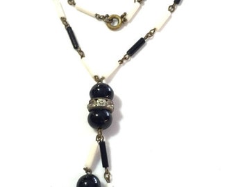SALE Clearnce SALE Amazing Art Deco Black White Glass Ball Rhinestone Vintage Necklace