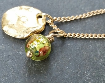 Bright green rose Czech glass and gold pendant charm necklace