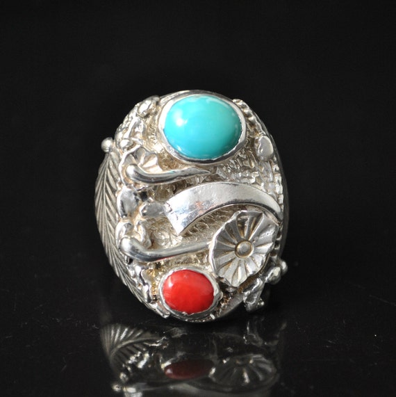 Sterling Silver Turquoise Coral Native American Style Ring Sz 10.75 #10757