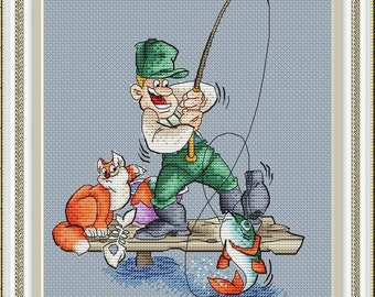 Cross Stitch Pattern PDF Instant Download Embroidery Cute Wall Decor Nursery Cross Stitch Cross Stitch cat fishing fish