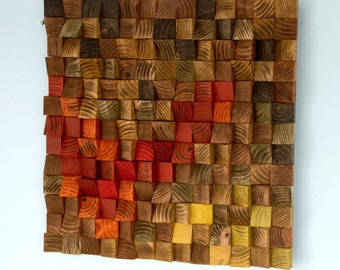 Wood Mosaic, reclaimed wood art, acrylic painting on wood