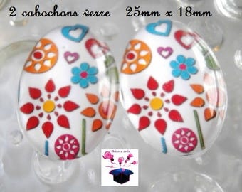 2 cabochons glass 25mm x 18mm theme little birds in the Meadow
