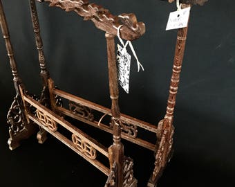Chinese Hand Carved Display Stand with Dragon Heads/ Brown stained Soft Wood / Fully Assembled