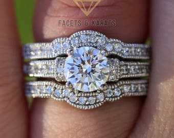 Vintage Style Engagement Ring Set Double Band Wedding Bridal Ring 14k Solid White Gold Lab Created Man Made Synthetic Simulated Diamonds