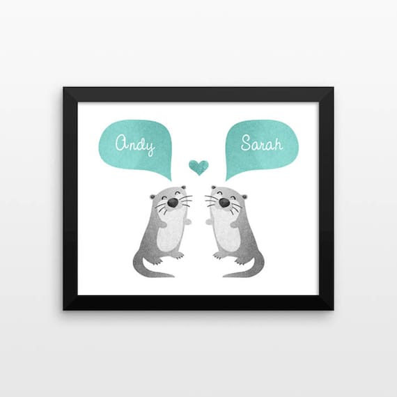 OTTER Couple Personalized Art Print, Anniversary Gift, Engagement Gift, Wedding Gift, Valentines Gift, Couples Gift, Animal Couple Wall Art