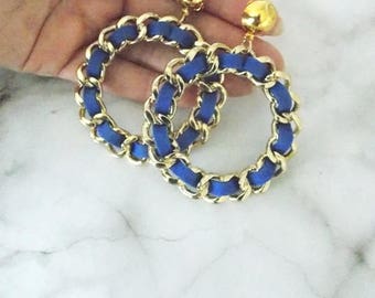 Gold Chain and Blue Suede Hoop Drop Clip-On Earrings
