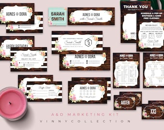 Agnes&Dora Marketing Kit, 14 Items Package, Wooden Background, Thanks Card Business Card Certificate, Small Business Starter Pack Set V25X08