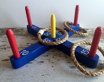 Toy Ring Toss Game with Blue Base - Handcrafted Wooden Toy Ring Toss Game with Blue Base - Vacation - Basement - Park - Beach - tote bag
