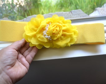Chiffon Flower cinch belt, Wide elastic stretch corset belt, Wide belt, Yellow belt, yellow stretch belt