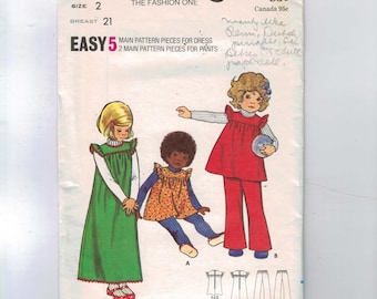 1970s Vintage Sewing Pattern Butterick 6868 Girls Easy Ruffled Jumper Dress and Pants Size 2 Breast 21 70s UNCUT 99