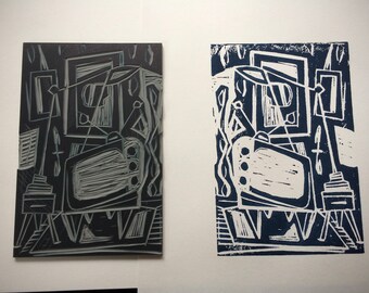 Lino block for printing - 50s retro tv and room includes block and 1 print