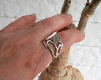 Sterling Silver Leaf Branch Ring, Labradorite ring, Branch ring, Botanical Jewelry, , Silver Leaf Ring, Silver twig ring, Silver branch ring