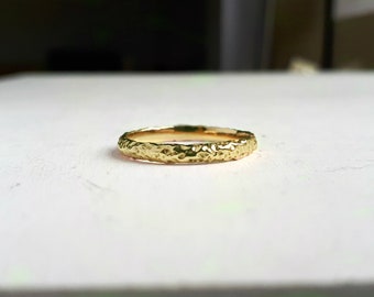 Rustic Gold Wedding Ring - Thin Yellow Gold Band - Textured, Nature, Moon, Unisex Wedding Ring