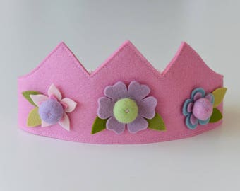 Wool felt crown, Flower crown, Birthday crown, Fairy crown, Pink crown