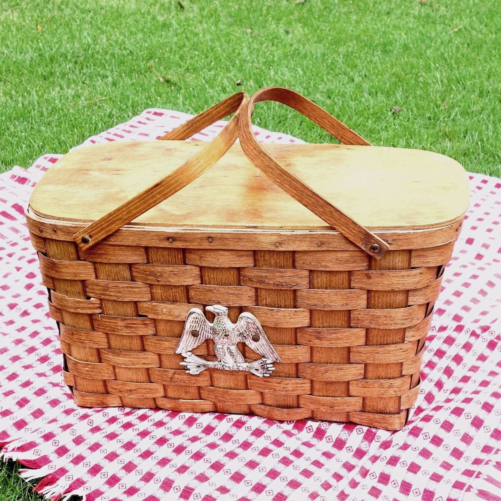 Vintage Picnic Basket Extra Large Woven Wood Putney