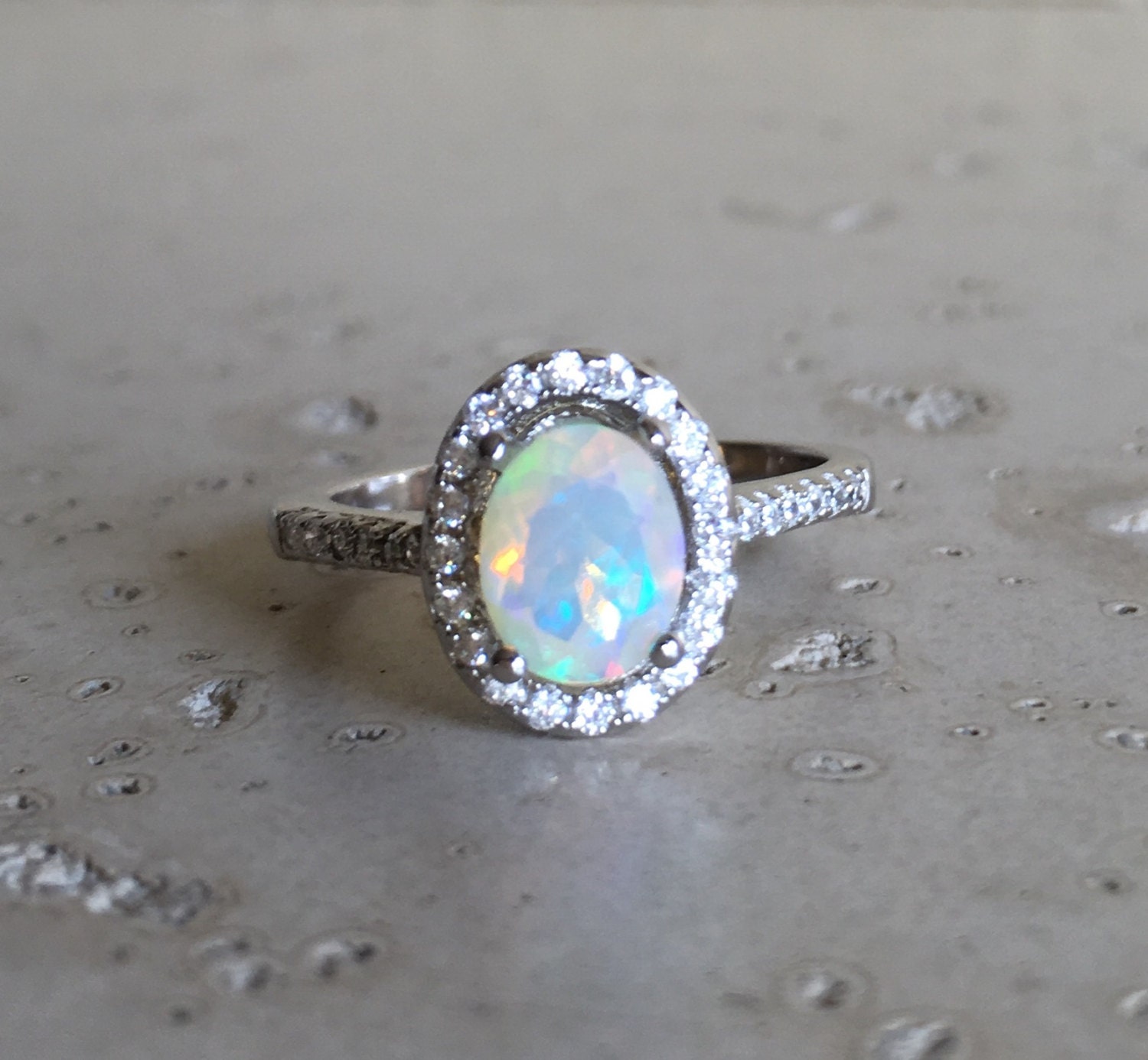 Halo Opal Engagement Ring Natural Opal Promise Ring Oval