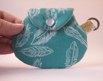Feather Coin Purse, handmade minimalist change pouch, teal feather pattern, with key ring