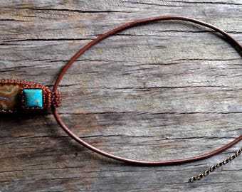 Jewelry -Gratitude - Chrysocolla Cab with Turquoise Cab - Necklace - Beaded Bale - Bead Weaving - Statement Necklace - BOHO