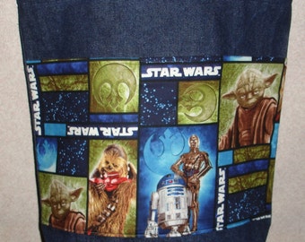 New Large Denim Tote Bag Handmade with Star Wars Characters R2D2 C3PO Chewbacca Yoda Fabric