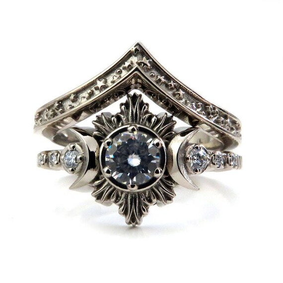 Celestial Bohemain Engagement Ring Set - Moissanite or Diamond Moon Ring with Stardust Wedding Band