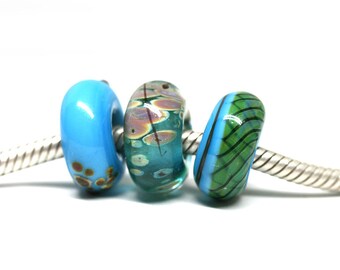 Turquoise Blue charm beads Blue Green European bracelet beads set Artisan lampwork large hole beads Boho style Murano glass by MayaHoney SRA