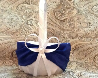 wedding flower girl basket ivory or white and dark blue custom made