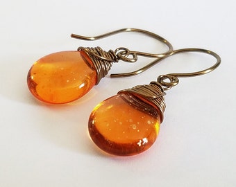 Orange Czech glass with gold speckles earrings - Antique Brass