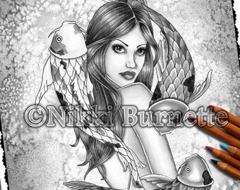 Adult Coloring Page - Grayscale Coloring Page Pack - Printable Coloring Page - Digital Download - Fantasy Art - JAYNA - Nikki Burnette