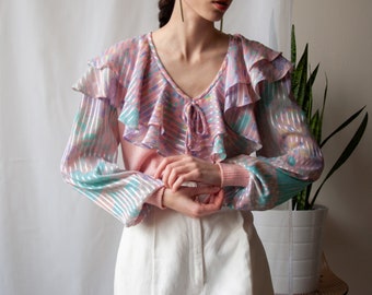 striped georgette ruffle collar sweater / pink pastel ruffle sweater / s / m / 991t / B16