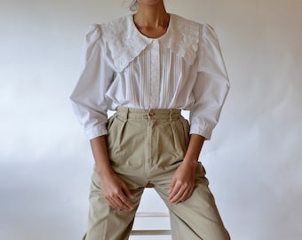 80s cotton blend pilgrim embroidered collar puff sleeve, pintuck blouse // xs-l