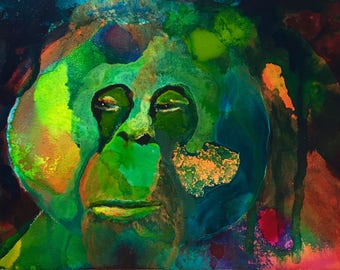 Old Wisdom - Orangutan Painting - Original Acrylic art on Gessobord - 5 x 7 inches (13 x 18 cm)