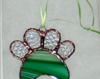 Stained Glass Paw Print Suncatcher - emerald and clear
