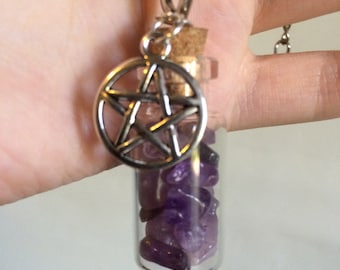 Amethyst Bottle Necklace w/ Pentagram Charm