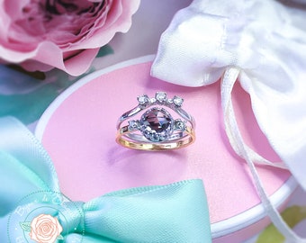 Alexandrite & Diamond ring, Alexandrite Moissanite Contour ring, Alexandrite Wedding ring set, 9ct, 14ct, 18ct solid Gold ring.