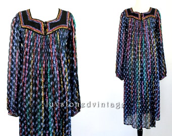 70s Vintage Indian Tie Dye Ethnic Boho Hippie Cotton Gauze Metallic Lurex India Gypsy Festival Maxi Dress . SML . 837.6.6.14