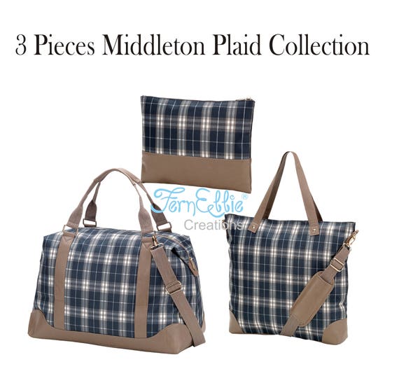 3 Pieces Set Monogrammed Middleton Plaid Weekender, Shoulder Bag, Cosmetic Bag-Zip Pouch, Travel Bags Set, Polyester, Vegan Leather Trim