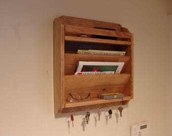 Handcrafted Mail & Key Organizer, 2 Pocket + Shelf for Sunglasses and Phones, 18" h Wall Mount Wooden Letter Holder Rack Sorter, pick color