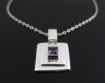 Silver purple necklace, Purple amethyst crystal necklace, Square necklace, Purple gemstone jewelry, Purple pendant