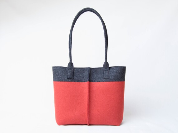 Wool Felt TOTE BAG charcoal and orange / bicolor tote bag / womens bag / felt shoulder bag / carry all bag / blue bag / made in Italy