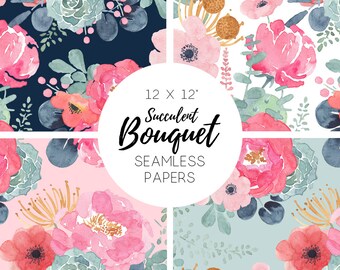 Seamless Floral Paper, watercolor floral paper, Seamless Patterns, Digital Paper, Scrapbook, Flowers, Succulent, Cactus