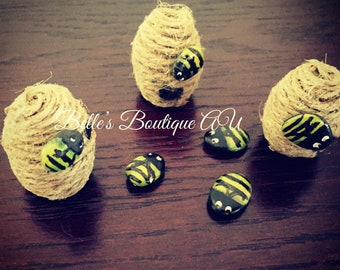 Decorative beehives, honey bees, bumble bees, bees, beehives, miniature garden ornaments, painted rocks, acorns