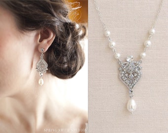 Bridal Jewelry SET, Pearl Wedding Necklace Bridal earrings Swarovski Crystal rhinestone Swarovski Pearl, Wedding jewelry, Alexandra SET