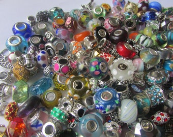 Grab Bag Charms, European Beads- Mixed Lot- Glass, Crystal, Murano Lampwork, Fimo, Wood, Dangles-Large Hole Beads-Jewelry Making