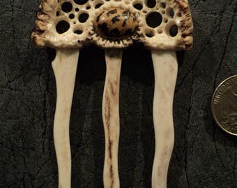 Antler Hair Pin -Hair accessories-Decorating a hippie-Bone carving-real Deer horn-Carved Antler hair fork-jasper-semiprecious stone