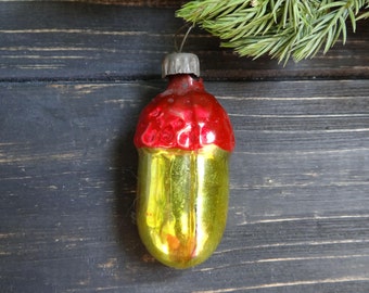 Acorn Christmas Glass Ornament Oak Tree acorn Soviet Christmas tree decorations Winter holiday Yellow Mercury glass nut made in USSR 1950s
