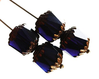 Cathedral beads Very dark Ink Blue czech glass golden ends round ball beads, fire polished - 10mm - 10Pc - 2986