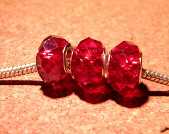 3 bead charm European - 14 x 10 mm red faceted glass - 4 D105