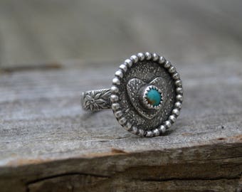 Sterling Turquoise Statement Ring. Handmade . Rustic . Earthy . Boho . Hand Stamped . Southwestern